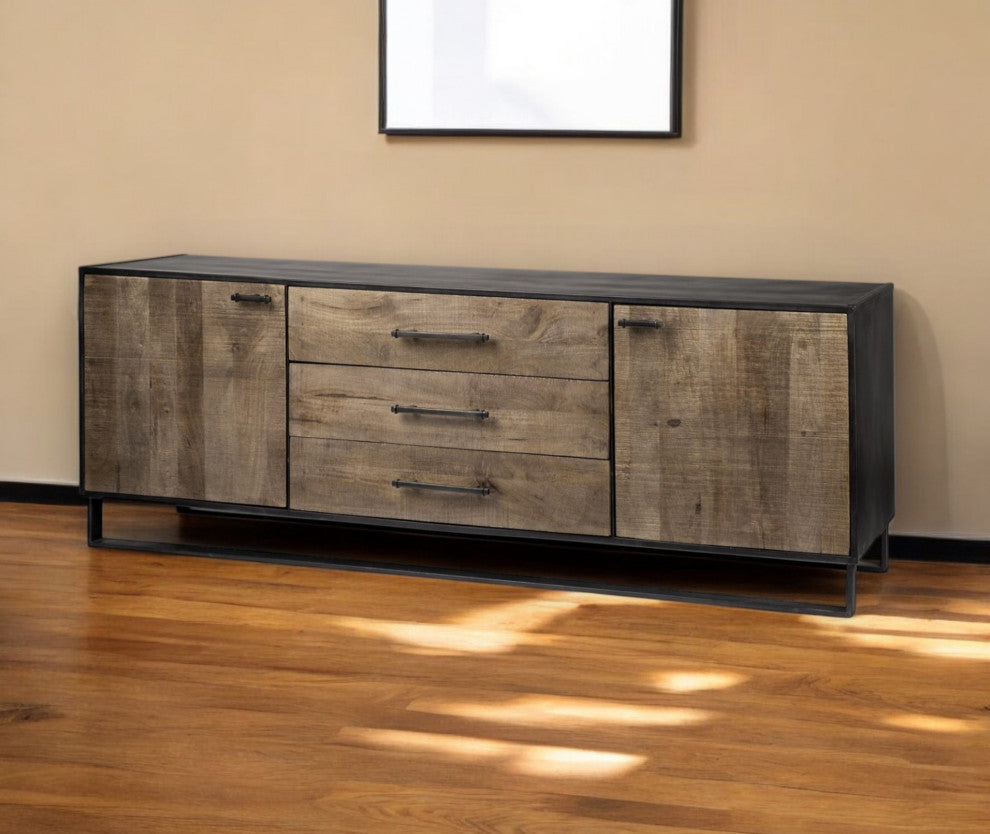 82" Brown and Black Solid Wood Three Drawer Sideboard With 2-Doors