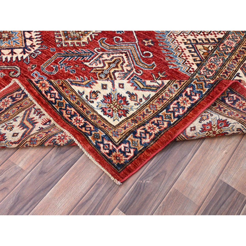 Red, 100% Wool, Afghan Super Kazak, Hand Knotted, Oriental Rug, 8'1"x10'6"