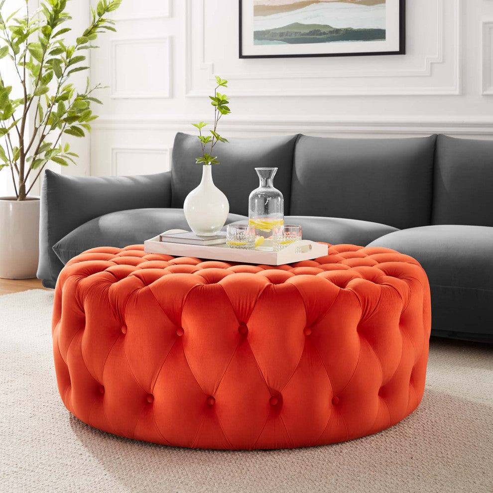 Amour Tufted Button Large Round Performance Velvet Ottoman, Orange