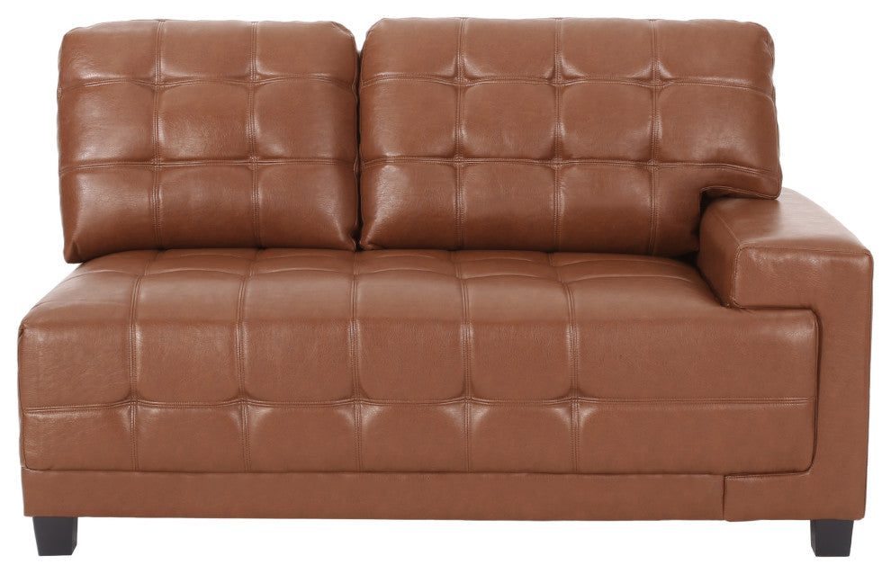 Littell Faux Leather Tufted 3 Seater Sofa, Chaise Sectional Set, Cognac/Brown