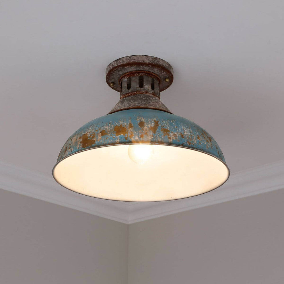 1 Light 14" Semi-Flush Mount, Aged Galvanized Steel With Teal Shade