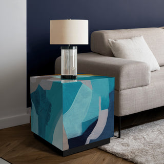 "Puzzle Blues" Reverse Printed Glass Side Table with Black Plinth Base Set of 2