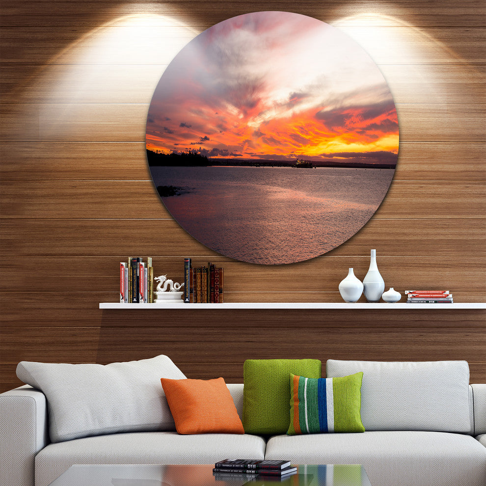 Yellow Sky Over Calm Sydney Coast, Seashore Disc Metal Wall Art, 11"