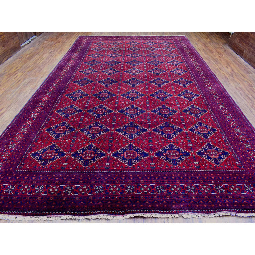 Red, Afghan Khamyab, Organic Wool Hand Knotted Oversized Rug, 9'10"x16'0"