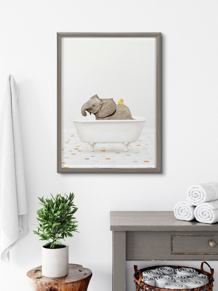 Blake Elephant Bath Printed Glass by Amy Peterson Art Studio, Gray 18x24