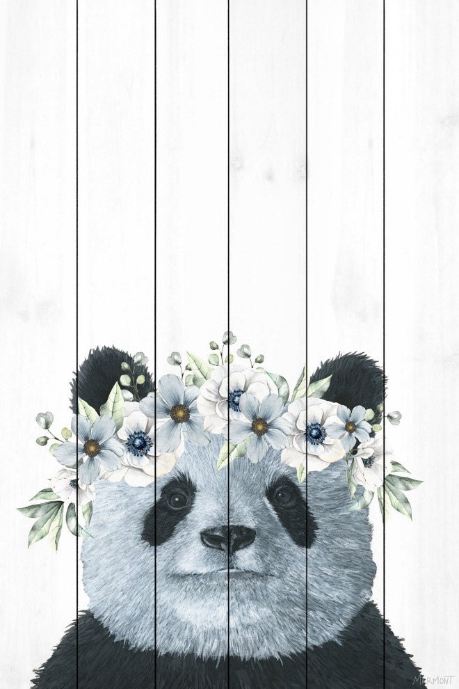 "Floral Crowned Panda" Painting Print on White Wood, 8x12