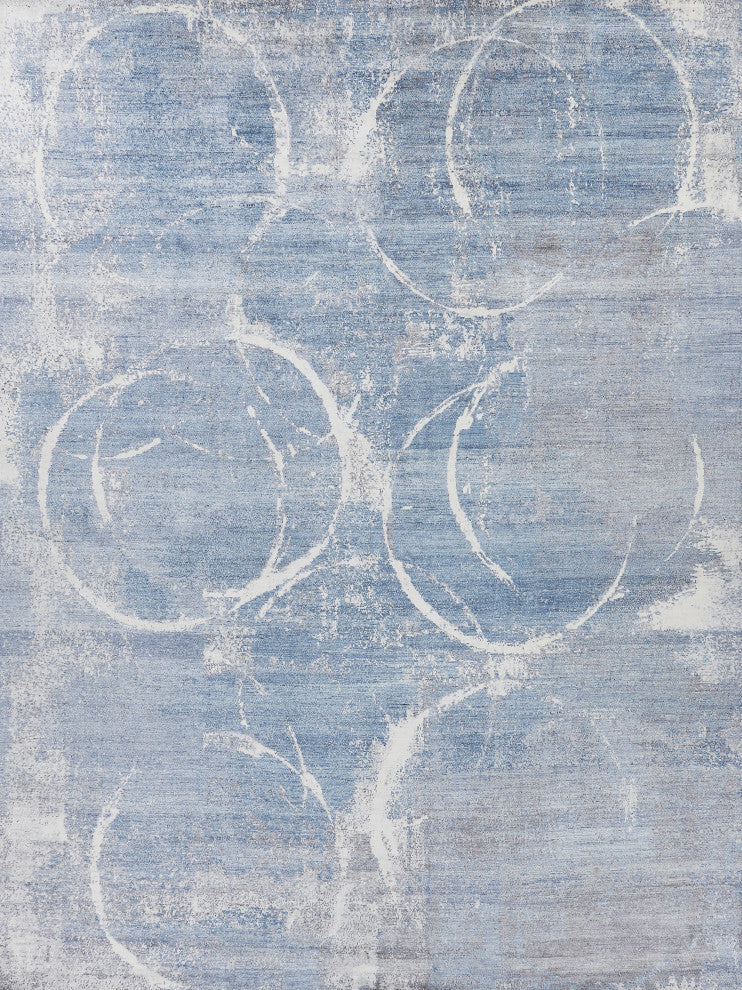 Fine Pure Silk Hand-Knotted Silk Blue/Gray/Ivory Area Rug
