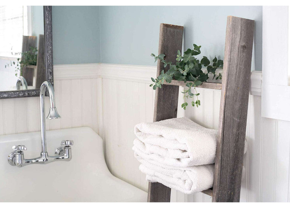 4 Step Rustic Weathered Grey Wood Ladder Shelf
