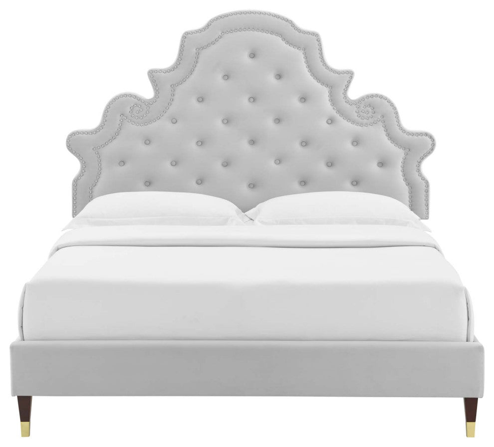 Tufted Platform Bed Frame, Queen Size, Velvet, Gray, Modern Contemporary