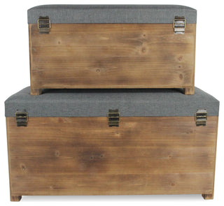 Storage Benches, Light Brown Wood, Gray Cushion, Hinged Lid, 2-Piece Set