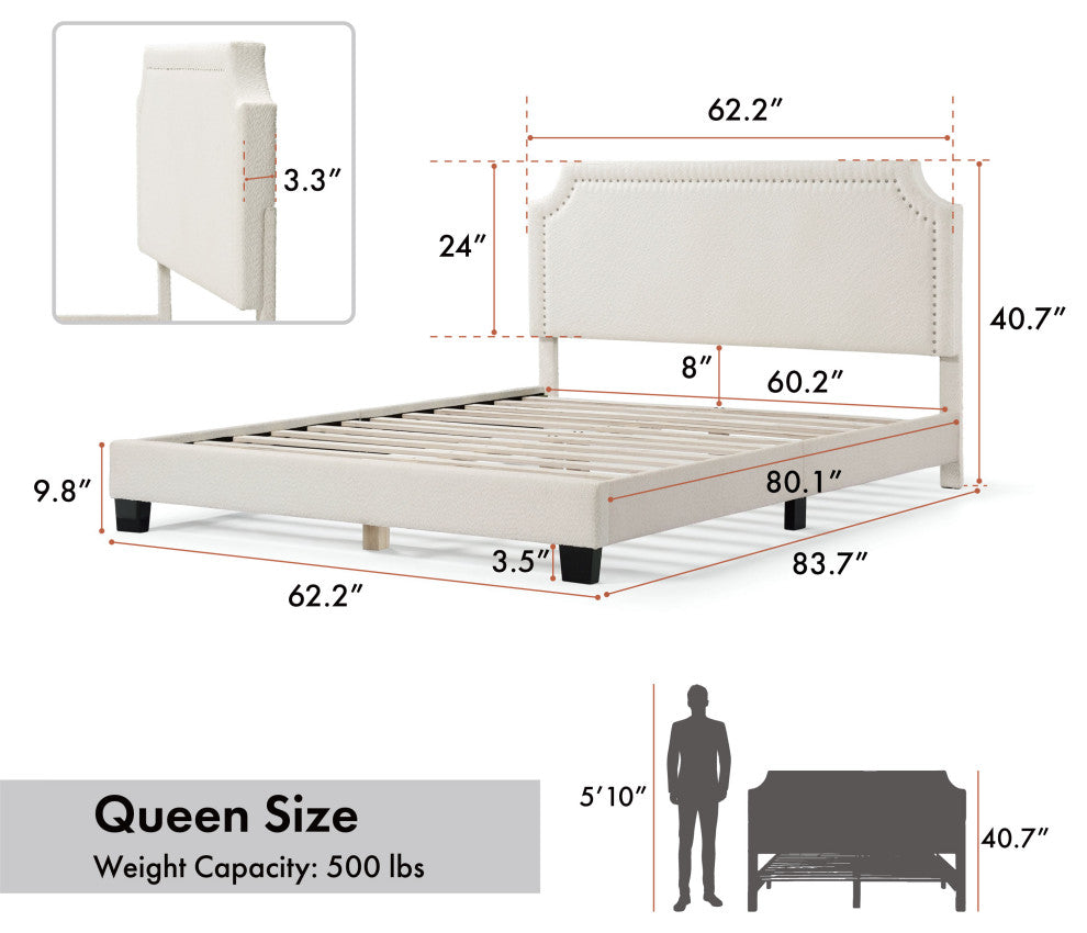 Miles White Boucle Upholstered Wood Frame Platform Bed, Queen, Naihead Trim