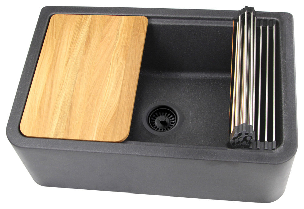 30" Reversible Workstation Granite Composite Apron Sink With Accessories, Black
