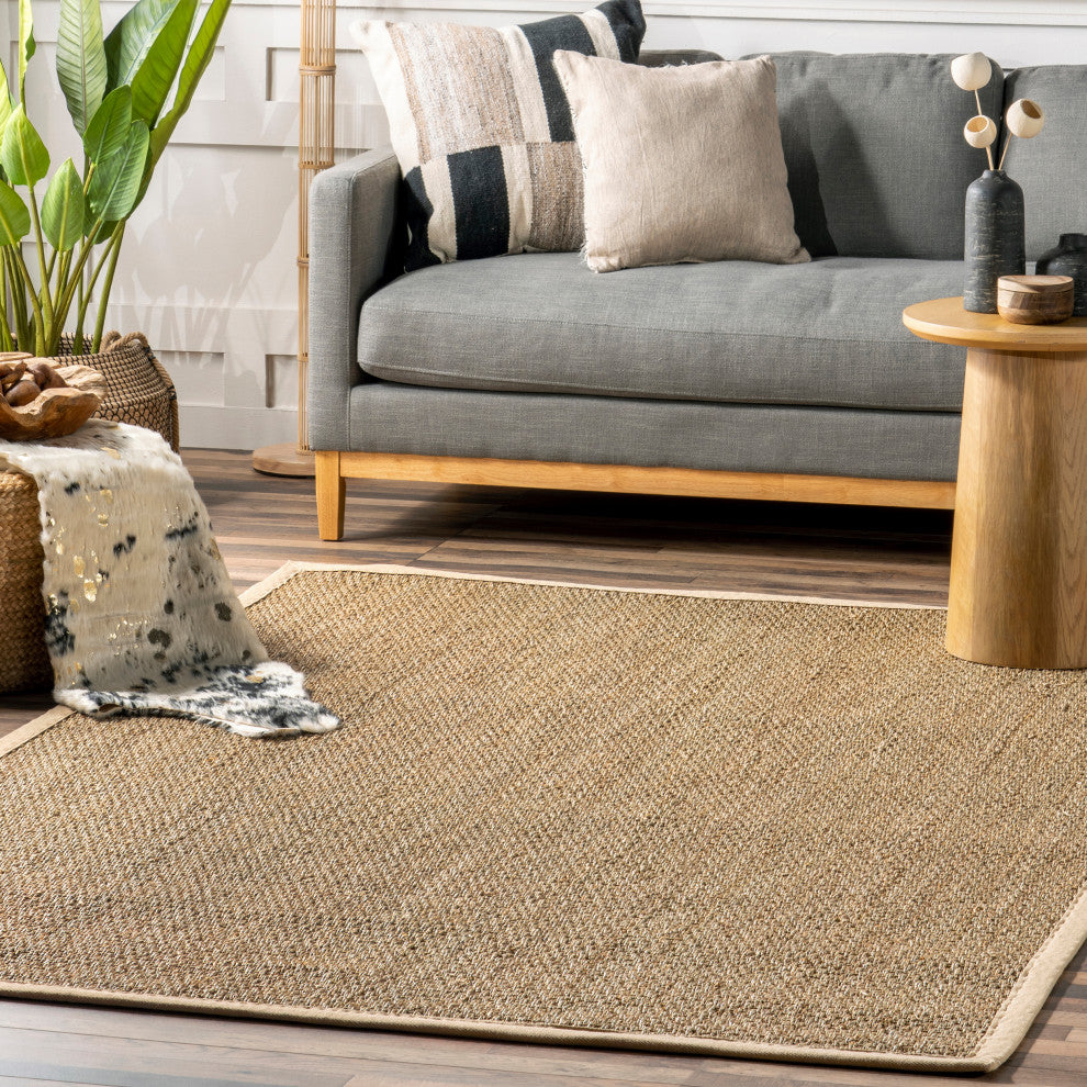 Nuloom Machine Woven Maui Seagrass With Border Rug, Beige 6'Square