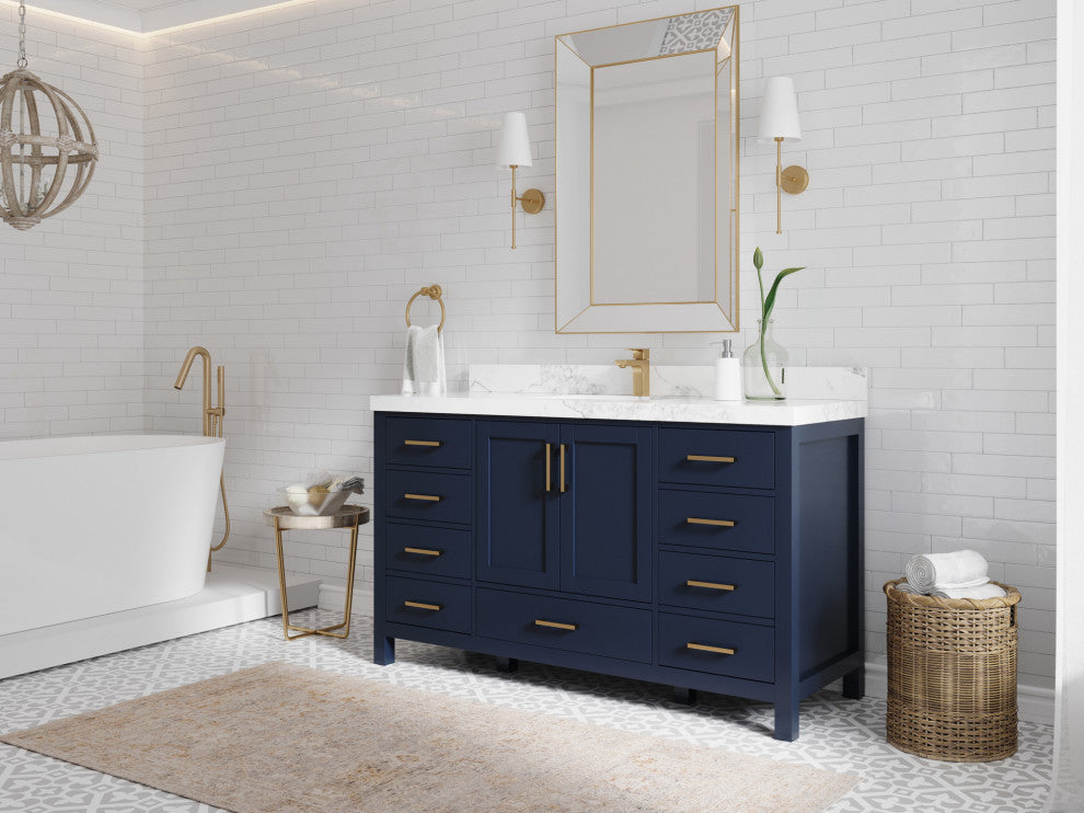 Malibu 60 Single Sink Bathroom Vanity in Navy Blue 2" Carrara Quartz