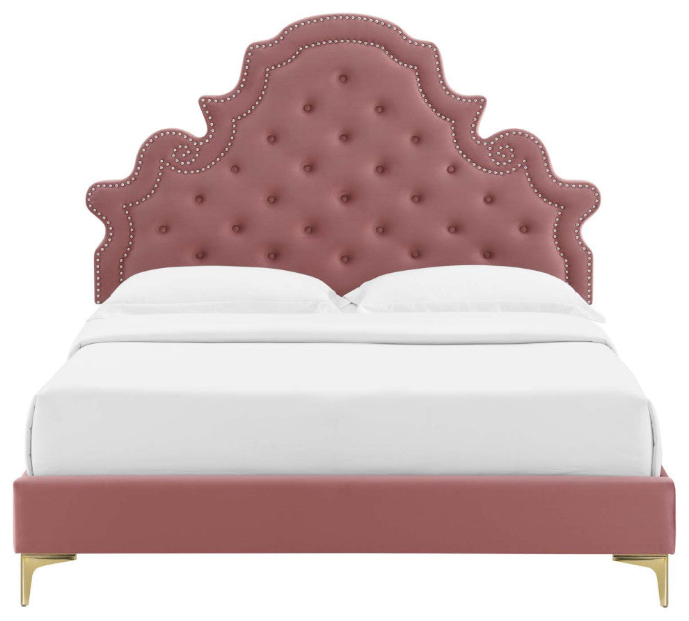 Tufted Platform Bed Frame, Queen Size, Velvet, Pink, Modern Contemporary