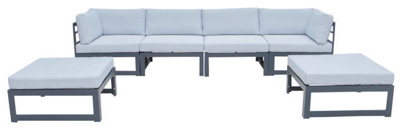 LeisureMod Chelsea 6-Piece Patio Ottoman Sectional Black Aluminum, Light Gray
