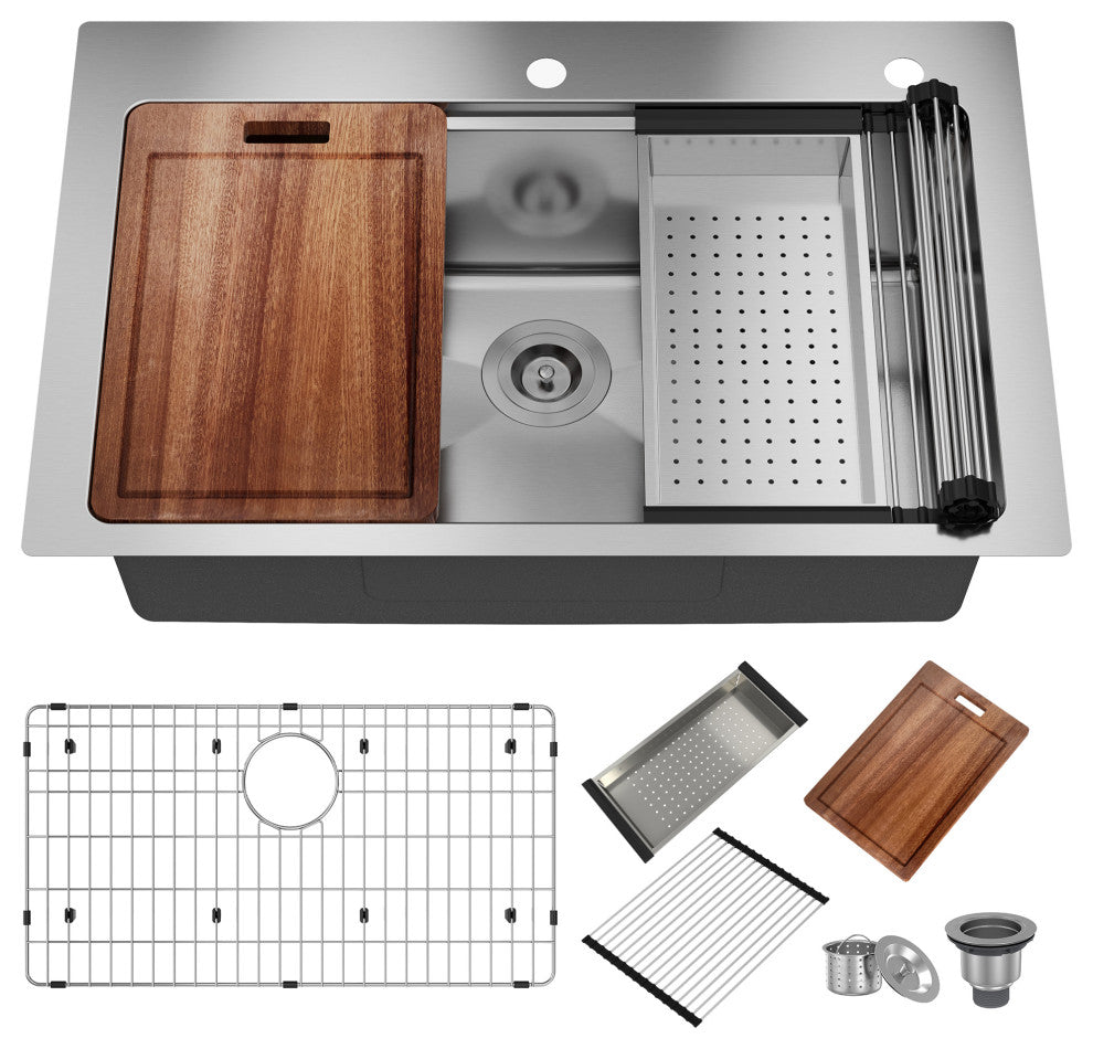 Drop-In 2-Hole Single Bowl 18 Gauge Stainless Steel Workstation Kitchen Sink