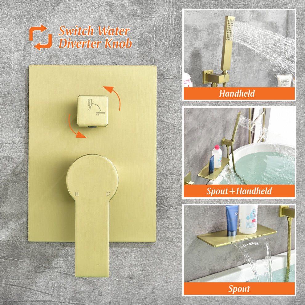 Wellfor Shower Faucet Set, Handheld Shower and Waterfall Tub Spout, Brushed Gold