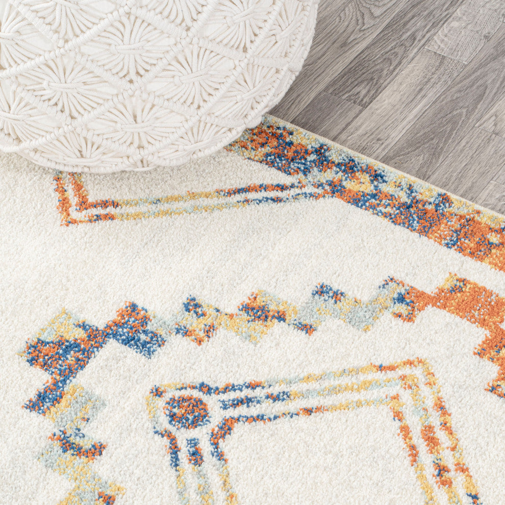 Amir Moroccan Beni Souk Rug, Ivory/Blue/Orange, 5 X 8