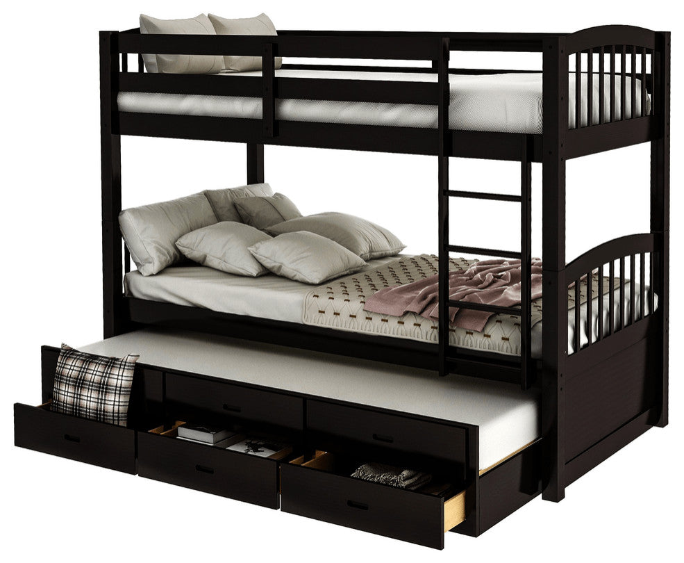 Twin over Twin Wood Bunk Bed Trundle Drawers Espresso