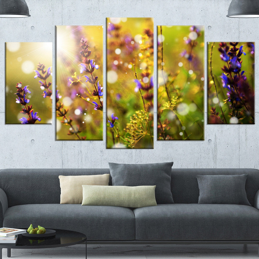 Beautiful Purple Wild Flowers, Large Floral Canvas Art Print, 60"x32", 5 Panels