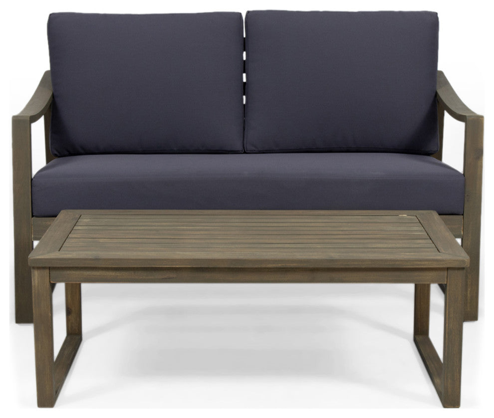 Johnlucas Outdoor Acacia Wood Loveseat and Coffee Table Set, Gray/Dark Gray