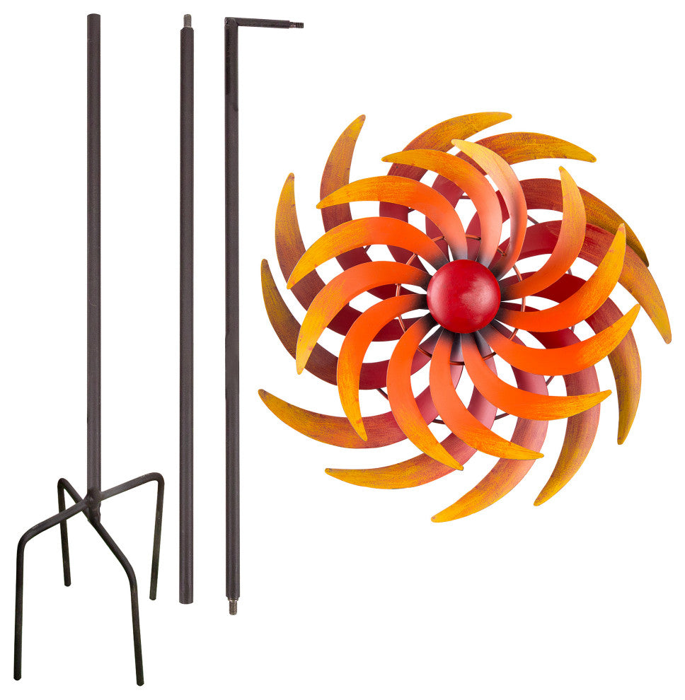 75" Tall Dual Metal Rustic Garden Kinetic Wind Spinner Stake, Red and Orange