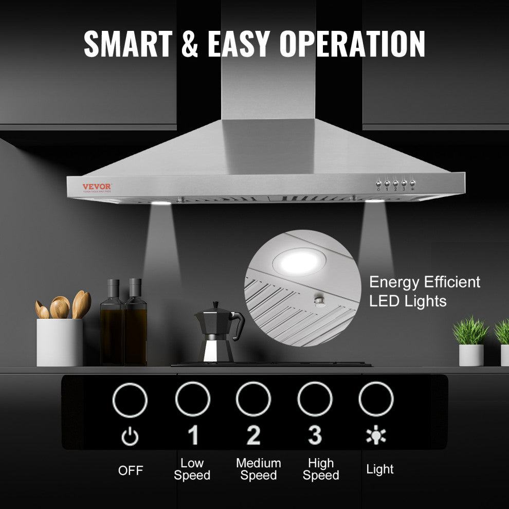 VEVOR 30" Wall Mount Range Hood Ductless Kitchen Vent Stainless Steel 3 Speed