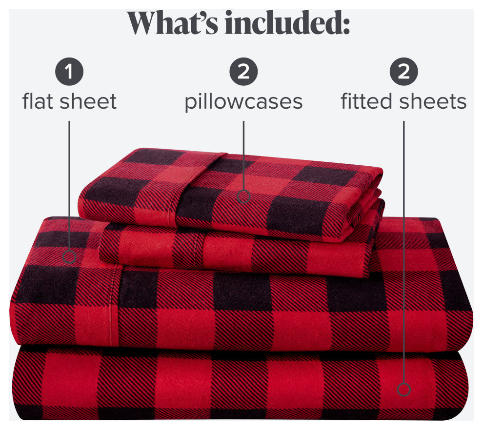 Bare Home Cotton Flannel Sheet Set, Buffalo Plaid - Red/Black, Split King