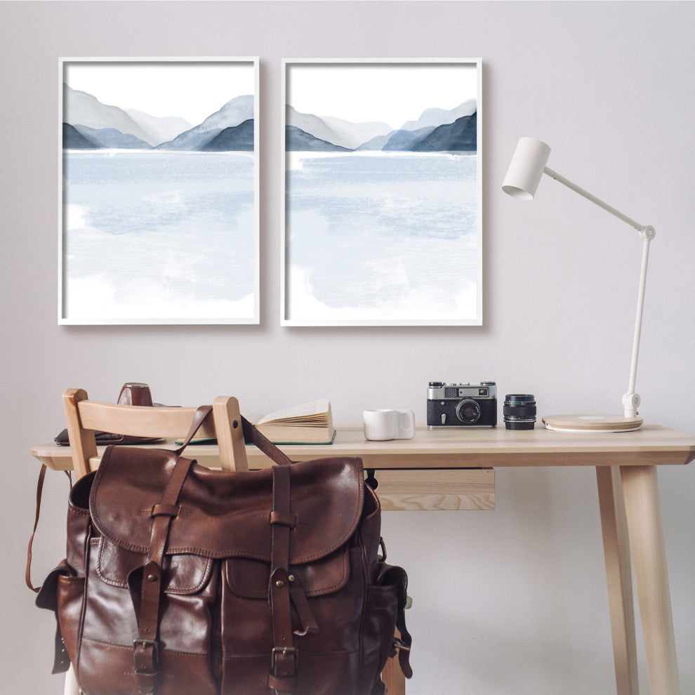 Coastal Mountain Range Landscape Soft Watercolor Blue Scene,24 x 30
