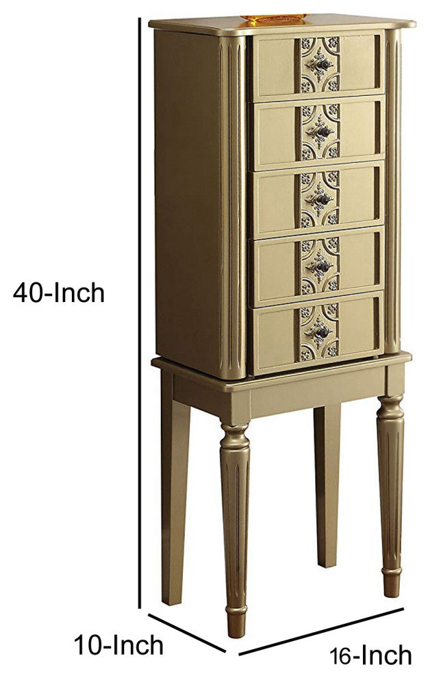 Benzara BM177734 Wood Jewelry Armoire With 5 Drawers in Gold