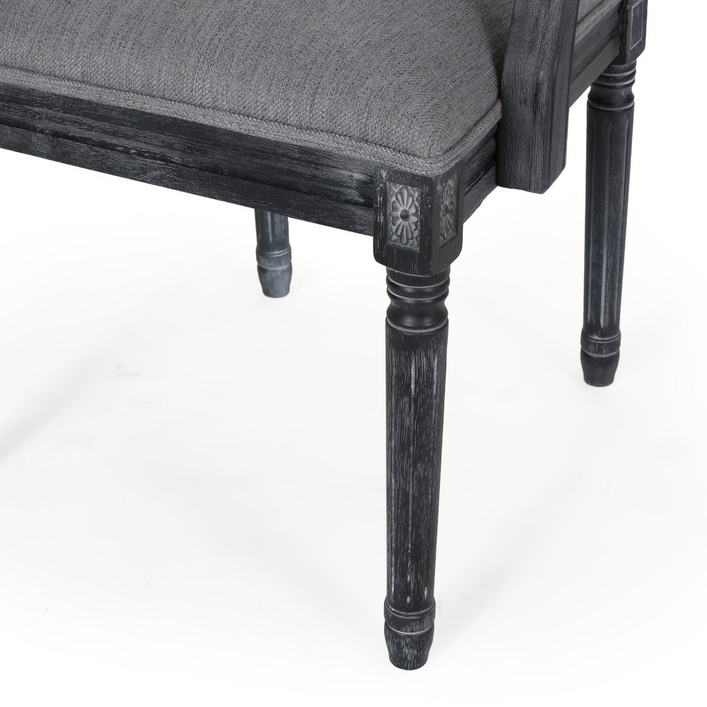Marten Farmhouse Fabric Upholstered Wood and Cane 7 Piece Dining Set, Gray + Gray + Rustic Metal + Natural Stained