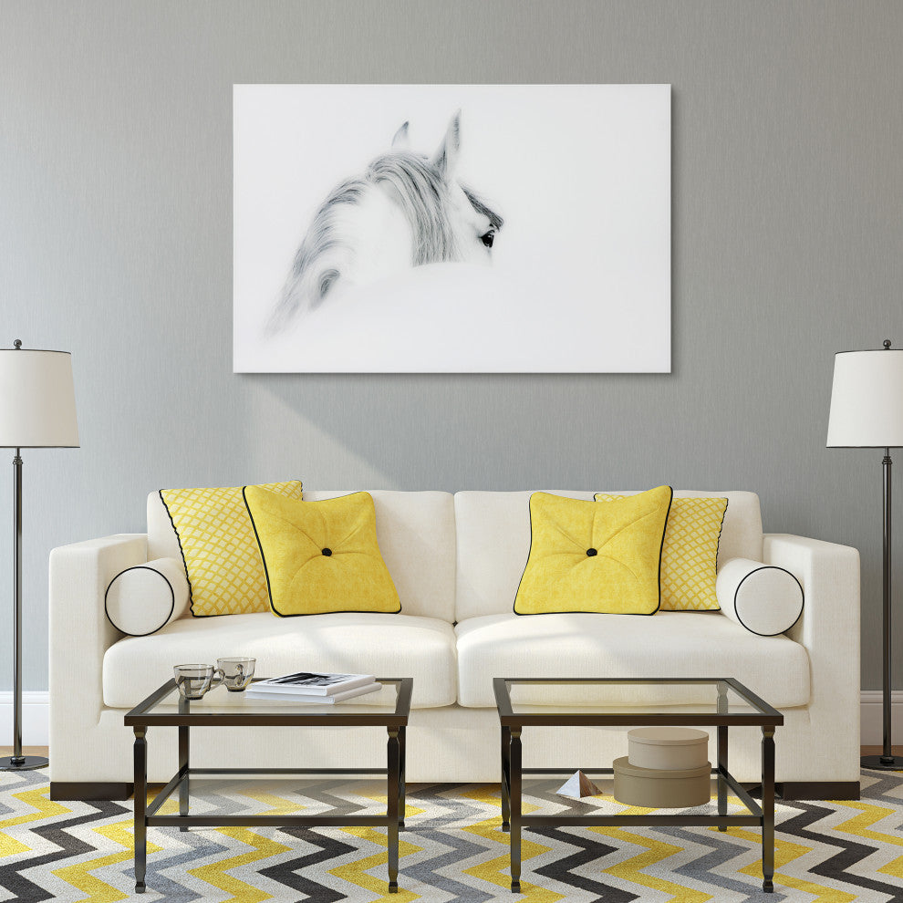 White Horse Wall Art Frameless Free Floating Tempered Glass Panel, 48" x 32"