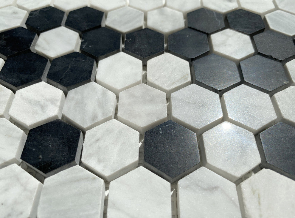 Carrara White Marble Hexagon Mosaic Border Flower Tile Polished 1", 1 sheet