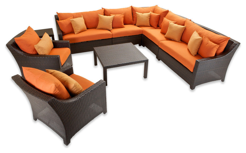 Deco 9 Piece Aluminum Outdoor Patio Corner Sectional and Club Chair Set, Tikka Orange