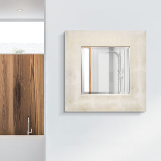 Beveled Wall Mirror, Gold on White Metallic Shagreen Leather Framed Mirror