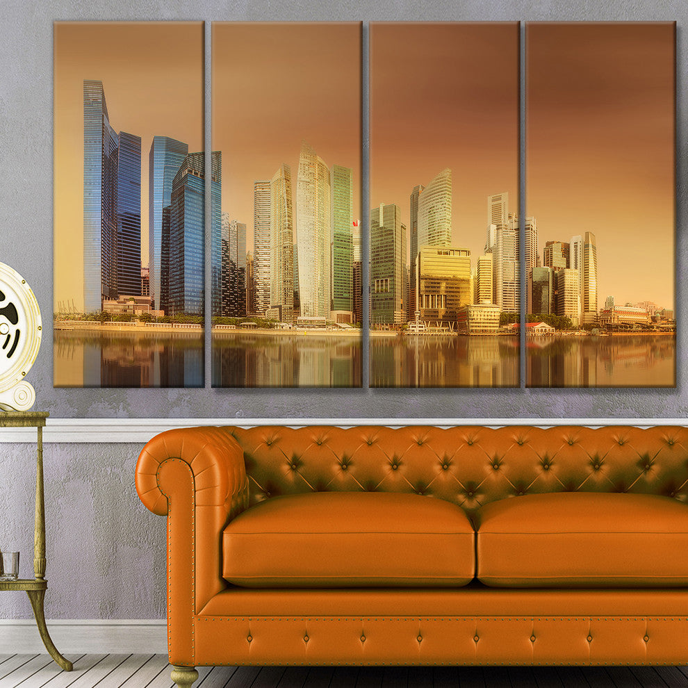Singapore Skyline under Brown Sky, Cityscape Canvas Art Print, 48"x28", 4 Panels