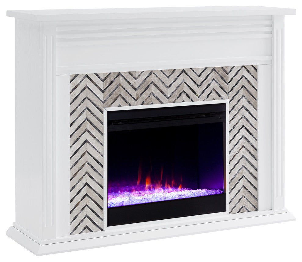Hanston Tiled Marble Fireplace, White and Gray