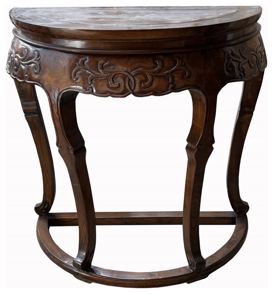 Vintage Chinese Brown Flower Carving Wood Half Round Pedestal Table Hcs7592