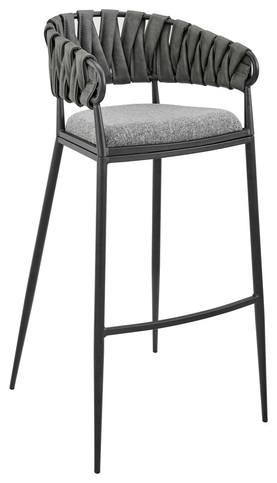 Vigona Bar Stool in Black Metal with Grey Fabric and Faux Leather