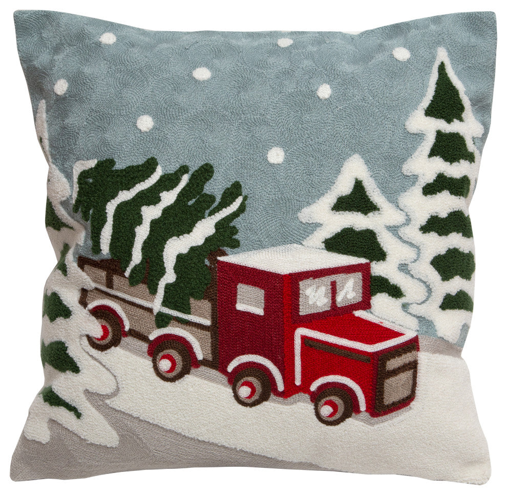 Snow Truck Rustic Cabin Holiday Throw Pillow, Insert Included, 18"x18"