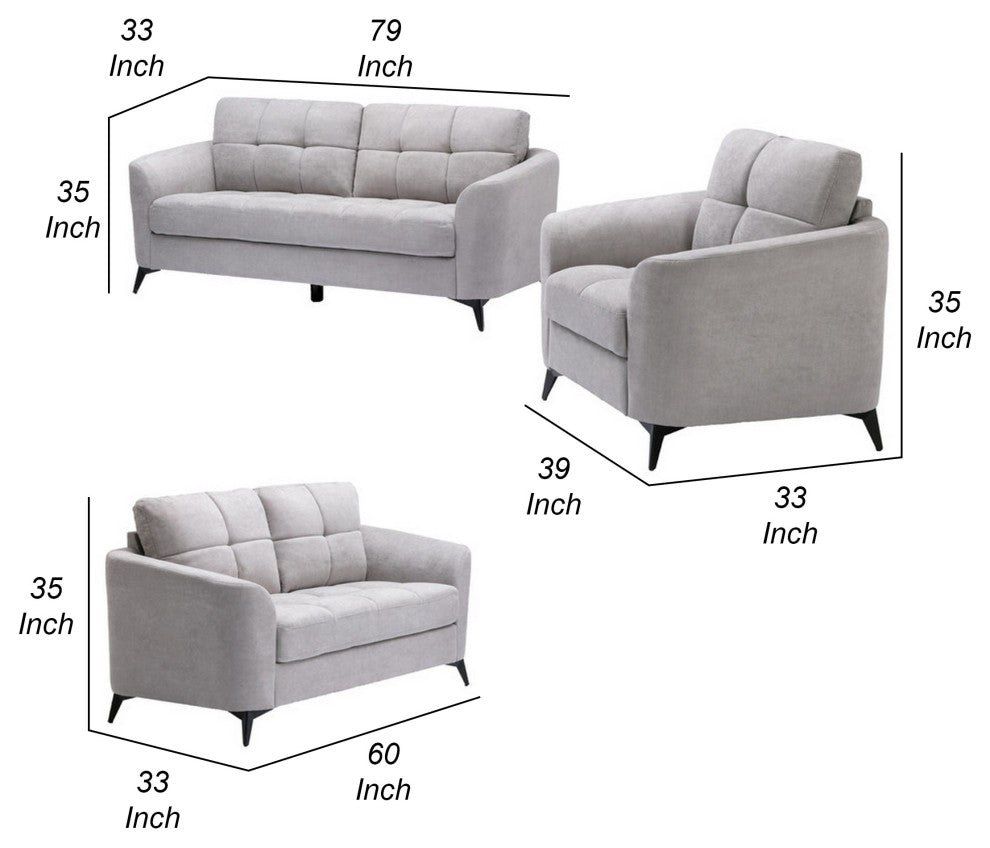Benzara BM287961 Sofa, Loveseat, Chair Set, Tufted Cushions, Light Gray Velvet