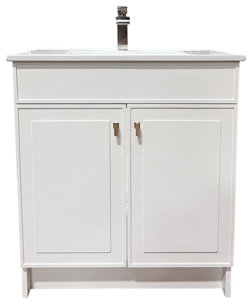 SmartFold 31" Single Sink Vanity, White With White Ceramic Top, Brushed Gold