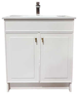 SmartFold 31" Single Sink Vanity, White With White Ceramic Top, Brushed Gold