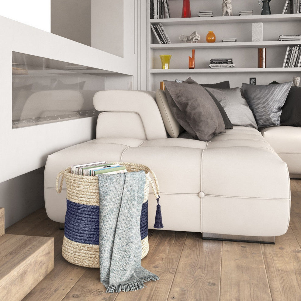 Bold Striped Off-White Jute Decorative Storage Basket with Handles