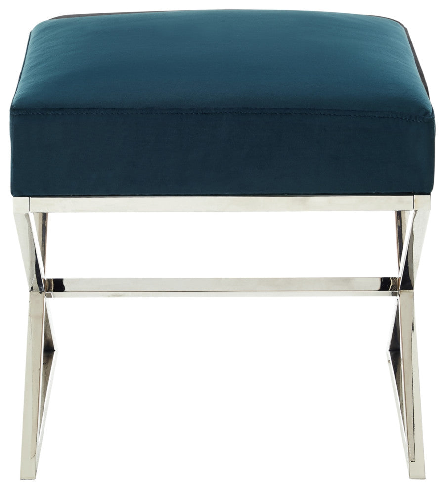 Oria Velvet X-Leg Chrome or Gold Base Ottoman, Navy/ Chrome