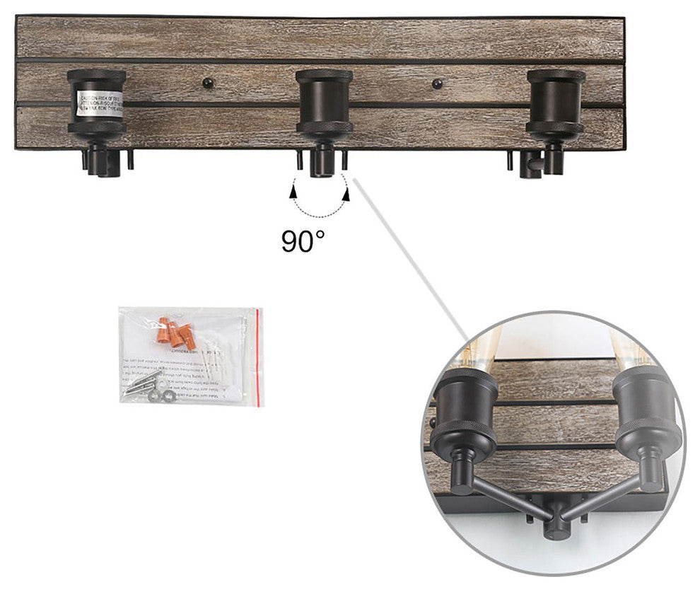 LNC 3-Light Industrial Farmhouse Wall Light, Exposed Bulbs, Wood Backplate