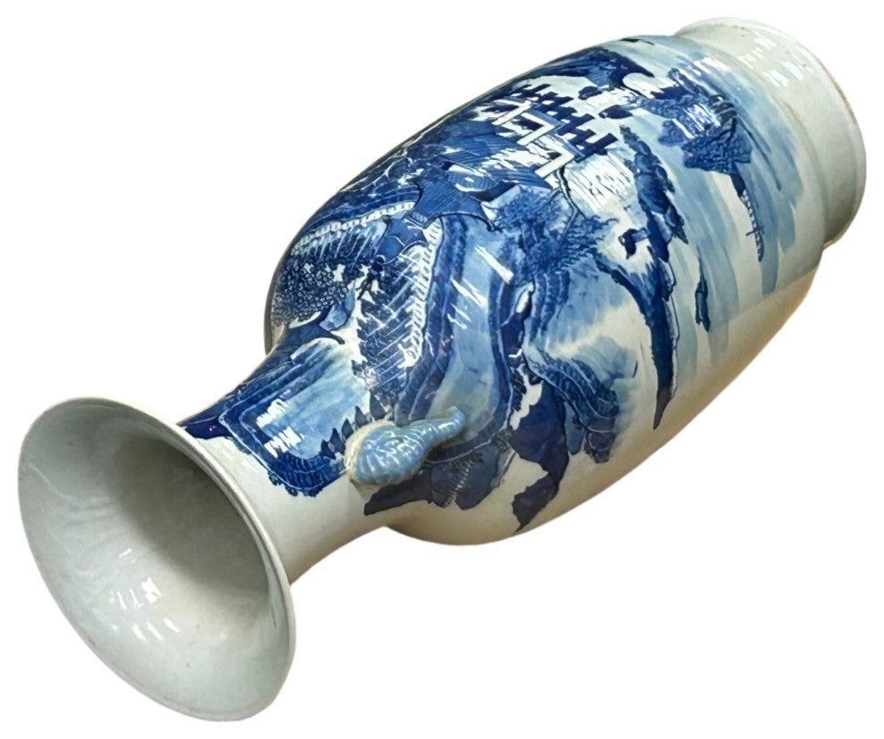23" Vintage Blue White Scenery Porcelain Elephant Head Ear Art Vase Hws4363