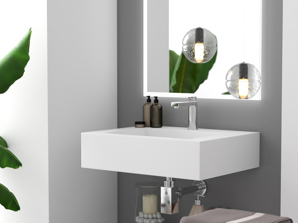 CastelloUSA Pyramid Solid Surface Wall Mounted Ramp Basin Sink, White, 24", Standard