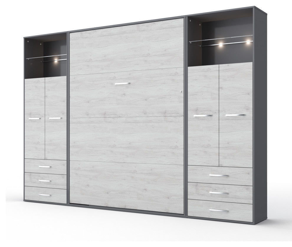 Contempo Vertical Wall Bed, European Twin Size with 2 cabinets, Grey